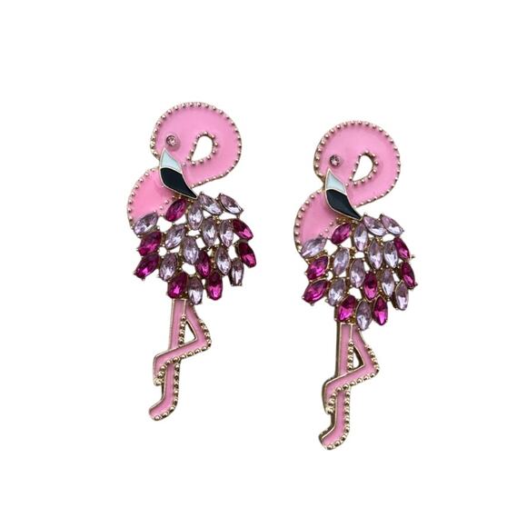 Pink Flamingo Earrings Rhinestone - Picture 1 of 4
